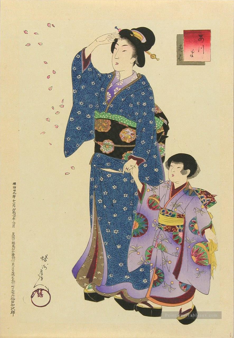 Les modes de l’est Azuma une femme et un enfant regardant les fleurs de cerisier tombent Toyohara Chikanobu Peintures à l'huile